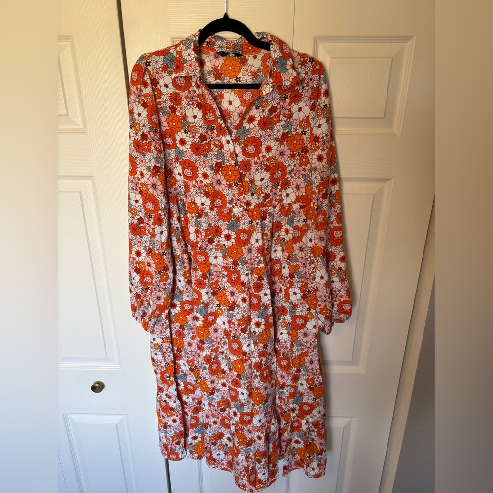 Floral Button-Front Midi Dress in Orange